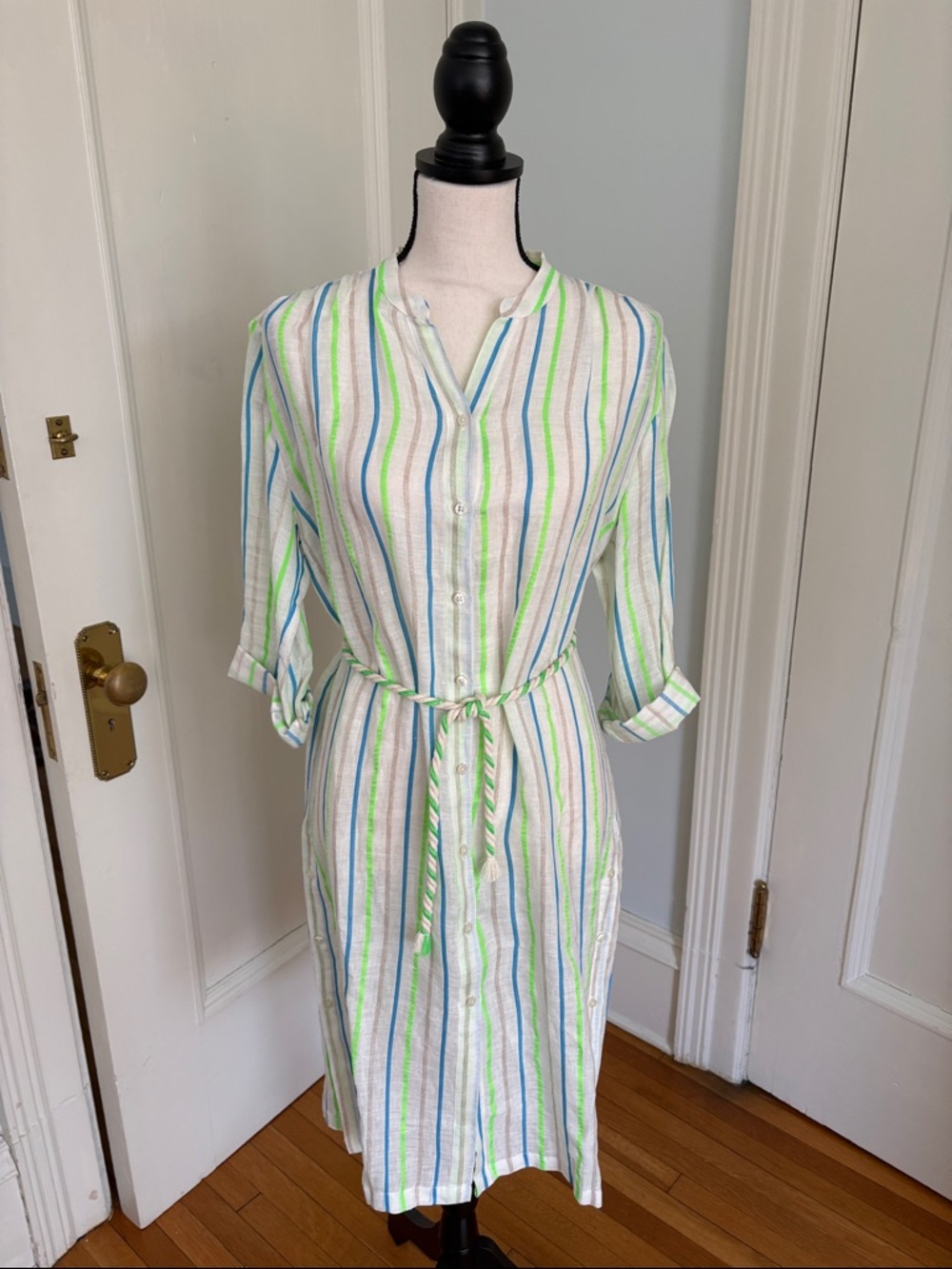 Striped Button-Front Shirt Dress with Tie Belt - White, Blue & Green